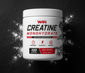 A white plastic tub of WAR Creatine Monohydrate supplement powder, shown on a dark textured background with scattered white powder around it.