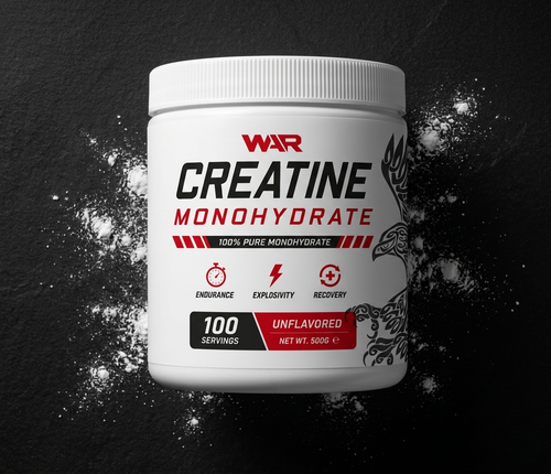 A white plastic tub of WAR Creatine Monohydrate supplement powder, shown on a dark textured background with scattered white powder around it.